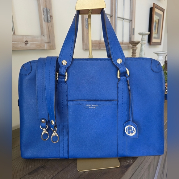 Henri Bendel West 57th Blue Leather Laptop Bag With Crossbody Strap & Lock - Picture 1 of 15